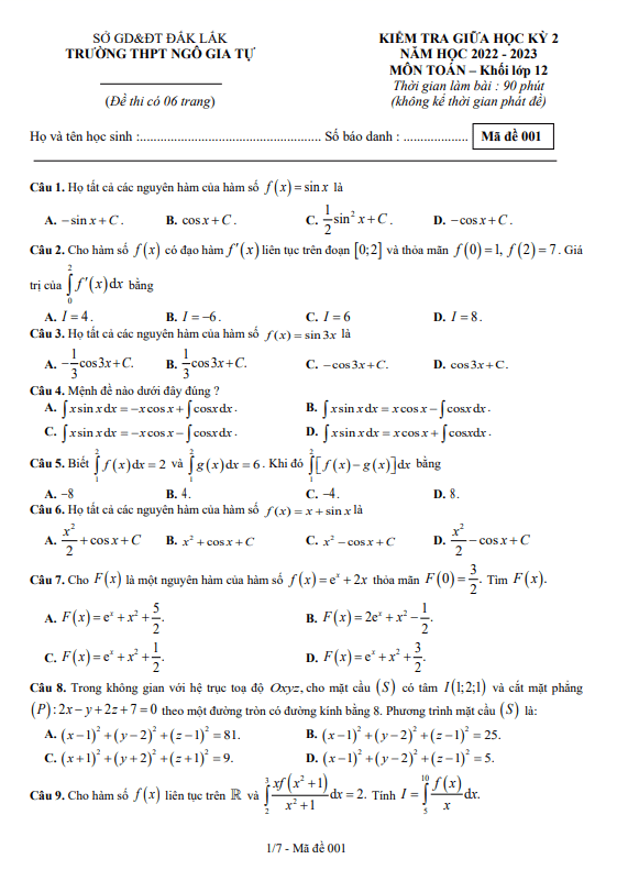 Đề giữa học kỳ 2 Toán 12 năm 2022 2023 trường THPT Ngô Gia Tự Đắk Lắk
