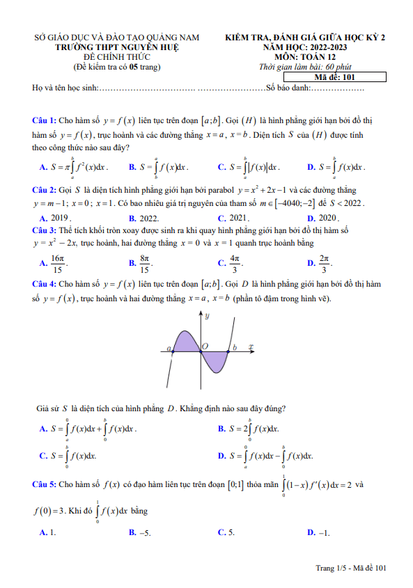 Đề giữa học kỳ 2 Toán 12 năm 2022 2023 trường THPT Nguyễn Huệ Quảng Nam