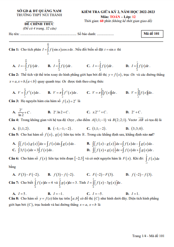Đề giữa học kỳ 2 Toán 12 năm 2022 2023 trường THPT Núi Thành Quảng Nam
