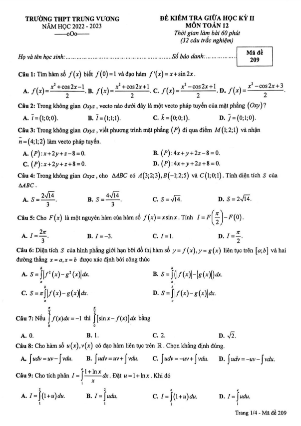 Đề giữa học kỳ 2 Toán 12 năm 2022 2023 trường THPT Trưng Vương TP HCM