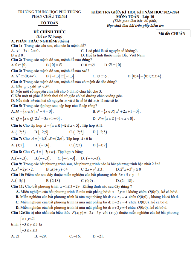 Đề giữa kì 1 Toán 10 KNTTVCS năm 2023 2024 trường Phan Châu Trinh Đà Nẵng