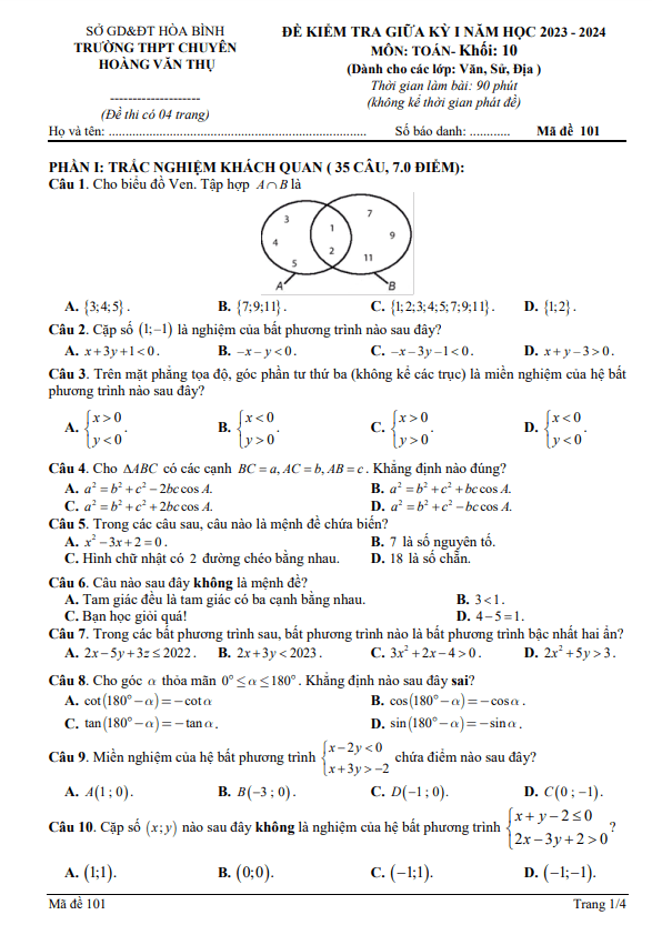 Đề giữa kì 1 Toán 10 năm 2023 2024 trường chuyên Hoàng Văn Thụ Hòa Bình
