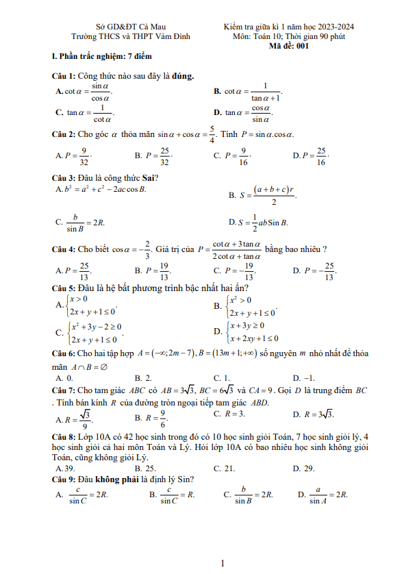 Đề giữa kì 1 Toán 10 năm 2023 2024 trường THCS&THPT Vàm Đình Cà Mau