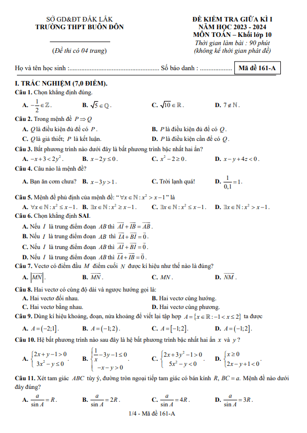 Đề giữa kì 1 Toán 10 năm 2023 2024 trường THPT Buôn Đôn Đắk Lắk