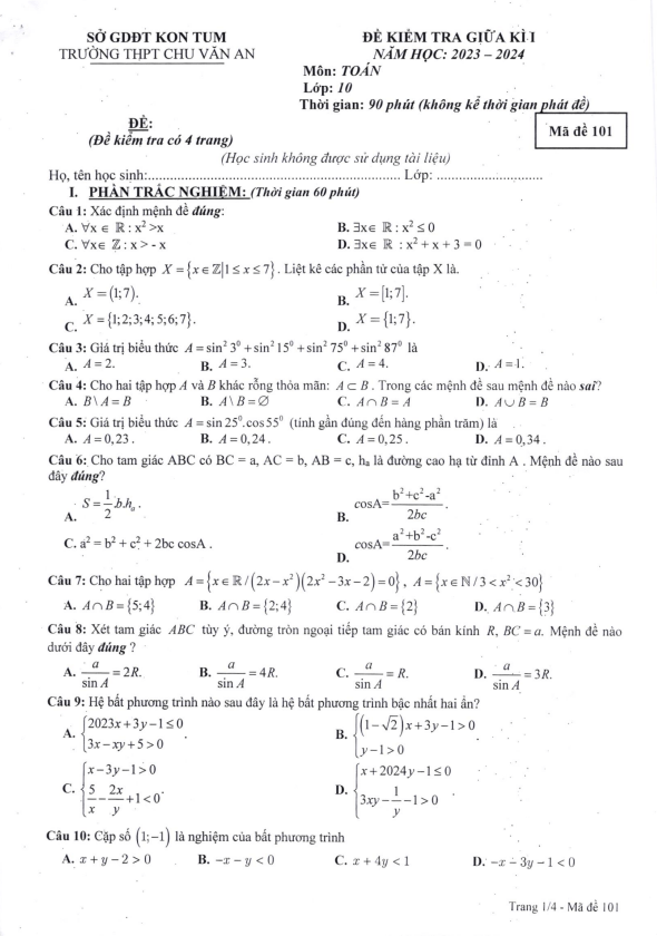 Đề giữa kì 1 Toán 10 năm 2023 2024 trường THPT Chu Văn An Kon Tum