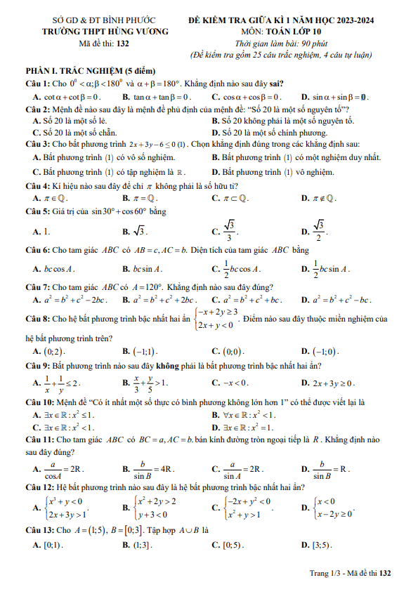 Đề giữa kì 1 Toán 10 năm 2023 2024 trường THPT Hùng Vương Bình Phước
