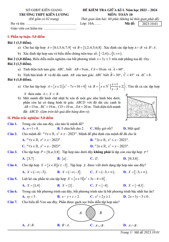 Đề giữa kì 1 Toán 10 năm 2023 2024 trường THPT Kiên Lương Kiên Giang