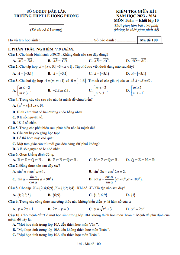 Đề giữa kì 1 Toán 10 năm 2023 2024 trường THPT Lê Hồng Phong Đắk Lắk