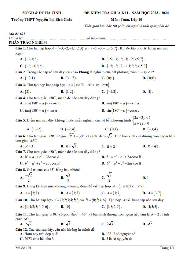 Đề giữa kì 1 Toán 10 năm 2023 2024 trường THPT Nguyễn Thị Bích Châu Hà Tĩnh