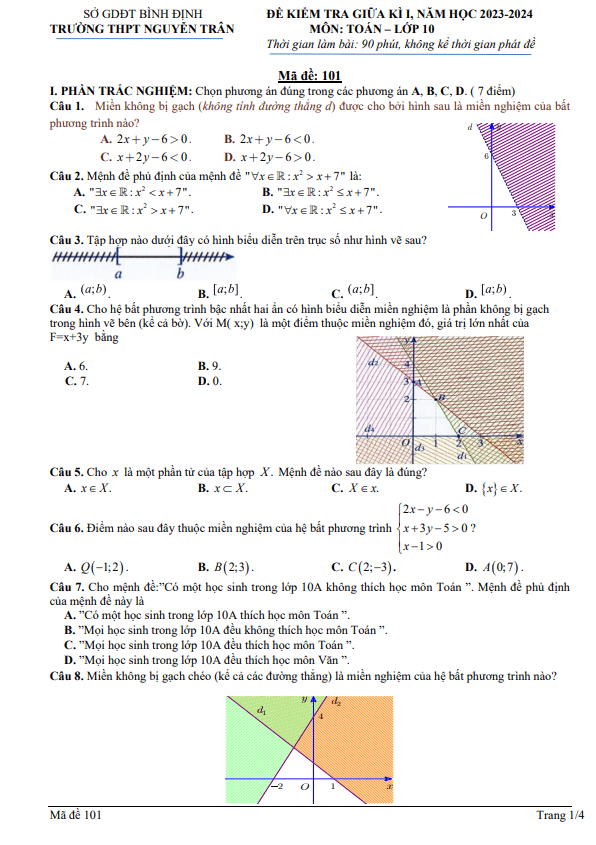 Đề giữa kì 1 Toán 10 năm 2023 2024 trường THPT Nguyễn Trân Bình Định