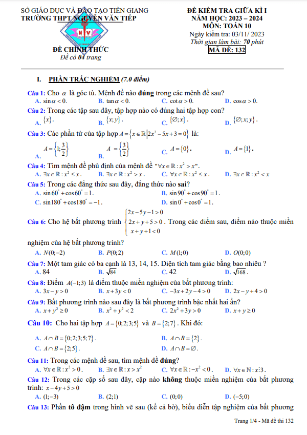 Đề giữa kì 1 Toán 10 năm 2023 2024 trường THPT Nguyễn Văn Tiếp Tiền Giang