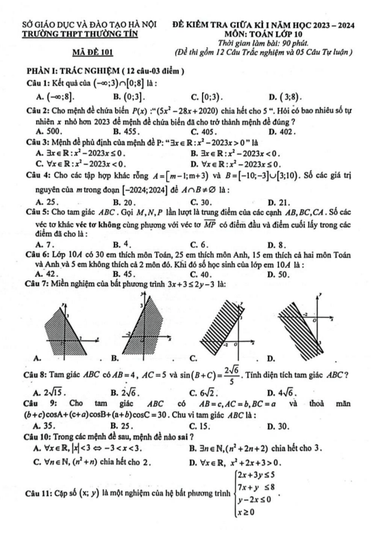 Đề giữa kì 1 Toán 10 năm 2023 2024 trường THPT Thường Tín Hà Nội