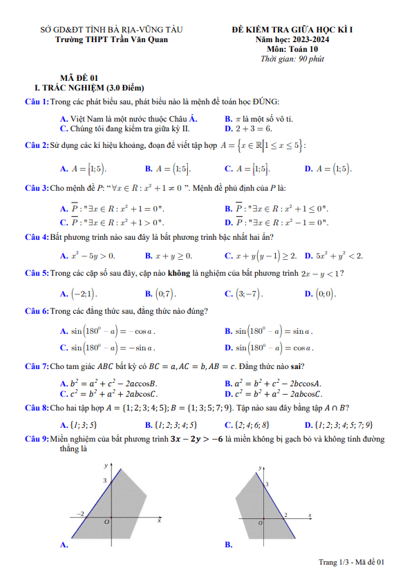 Đề giữa kì 1 Toán 10 năm 2023 2024 trường THPT Trần Văn Quan BR VT