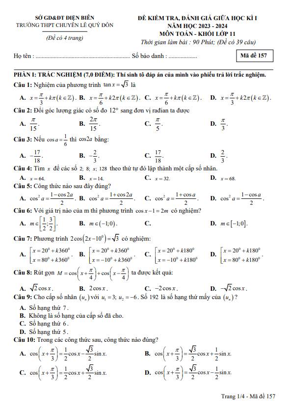 Đề giữa kì 1 Toán 11 CB năm 2023 2024 trường chuyên Lê Quý Đôn Điện Biên