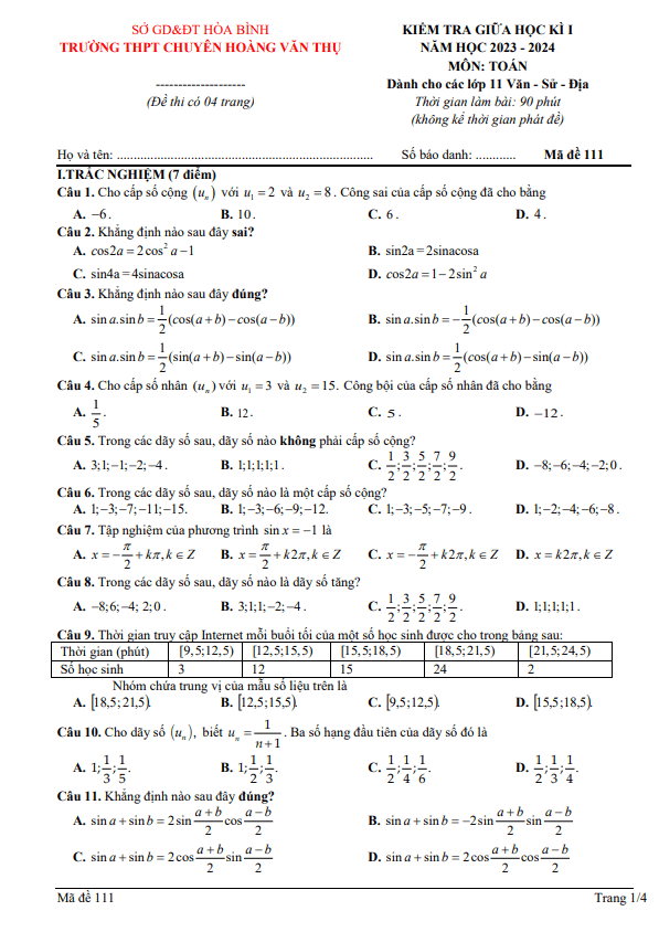 Đề giữa kì 1 Toán 11 năm 2023 2024 trường chuyên Hoàng Văn Thụ Hòa Bình