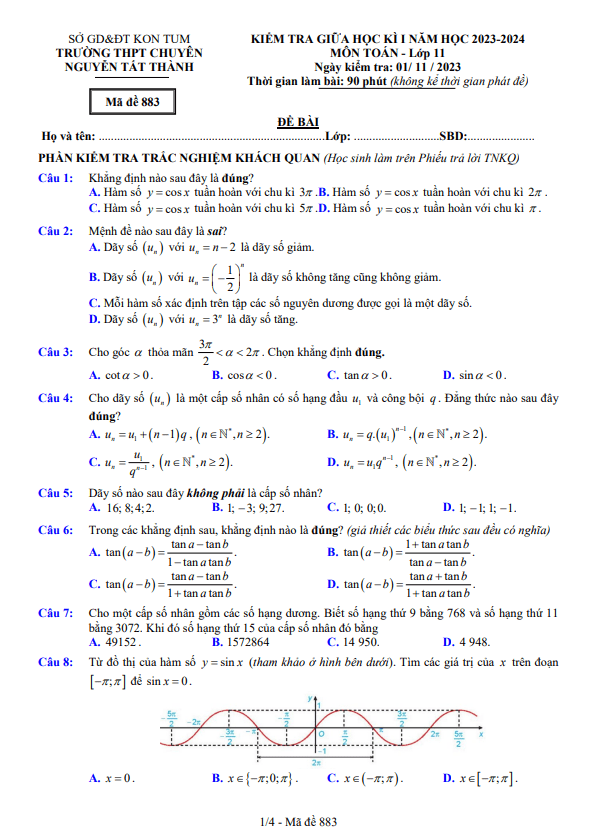 Đề giữa kì 1 Toán 11 năm 2023 2024 trường chuyên Nguyễn Tất Thành Kon Tum
