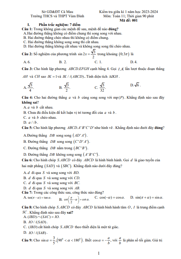 Đề giữa kì 1 Toán 11 năm 2023 2024 trường THCS&THPT Vàm Đình Cà Mau