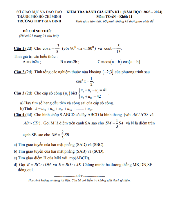 Đề giữa kì 1 Toán 11 năm 2023 2024 trường THPT Gia Định TP HCM