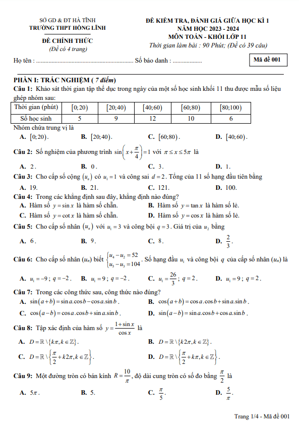 Đề giữa kì 1 Toán 11 năm 2023 2024 trường THPT Hồng Lĩnh Hà Tĩnh
