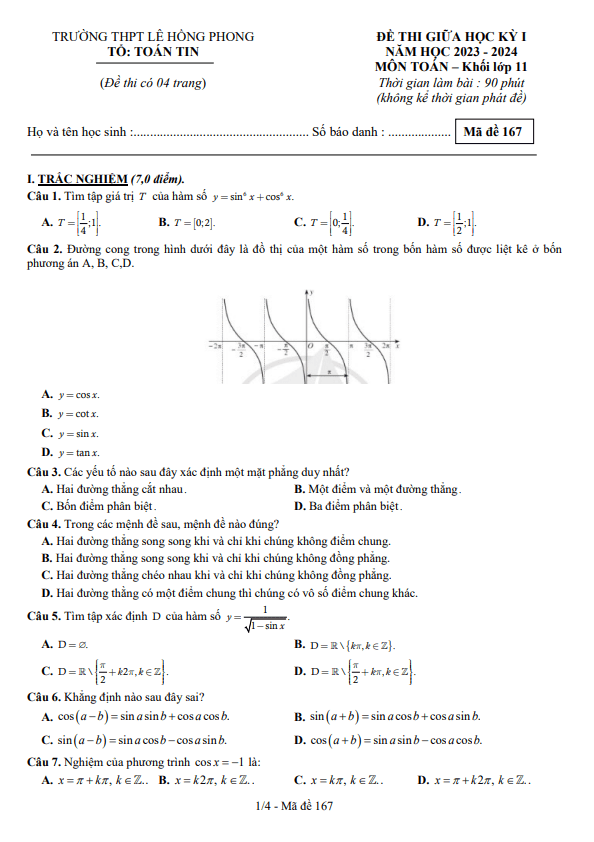 Đề giữa kì 1 Toán 11 năm 2023 2024 trường THPT Lê Hồng Phong Đắk Lắk