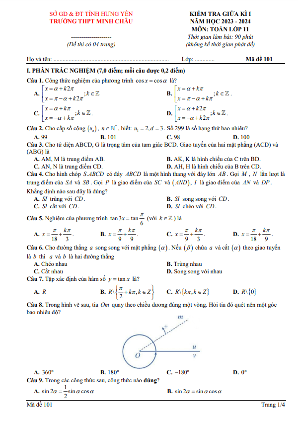 Đề giữa kì 1 Toán 11 năm 2023 2024 trường THPT Minh Châu Hưng Yên