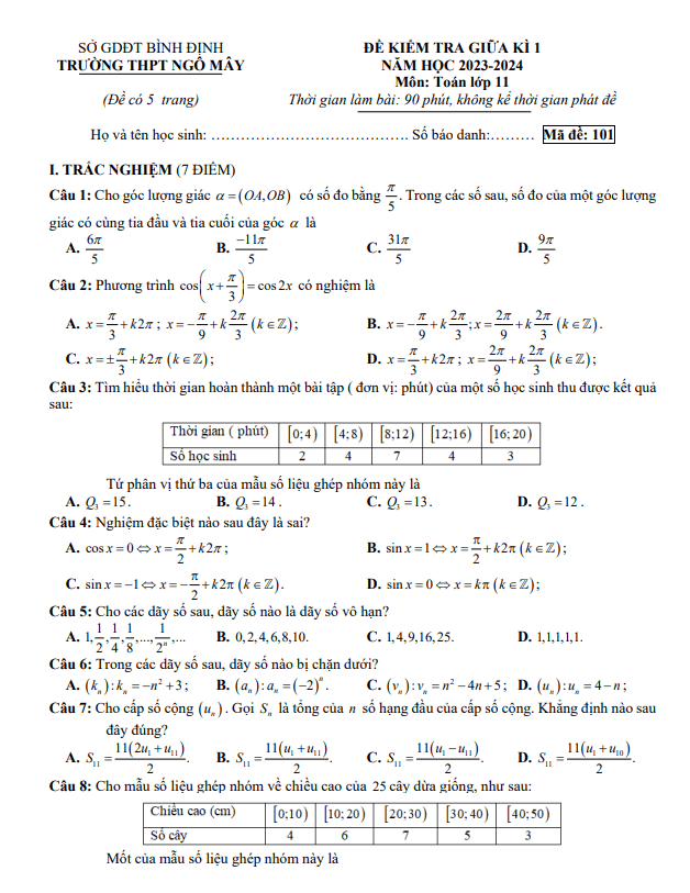 Đề giữa kì 1 Toán 11 năm 2023 2024 trường THPT Ngô Mây Bình Định