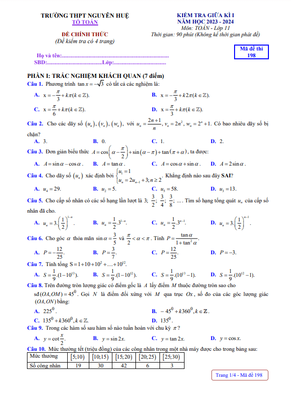 Đề giữa kì 1 Toán 11 năm 2023 2024 trường THPT Nguyễn Huệ TT Huế