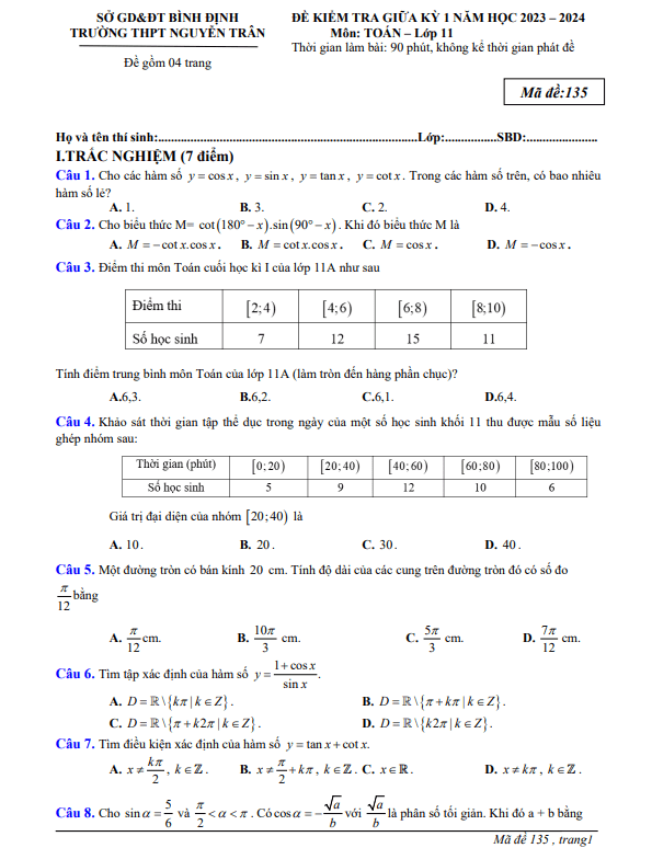Đề giữa kì 1 Toán 11 năm 2023 2024 trường THPT Nguyễn Trân Bình Định