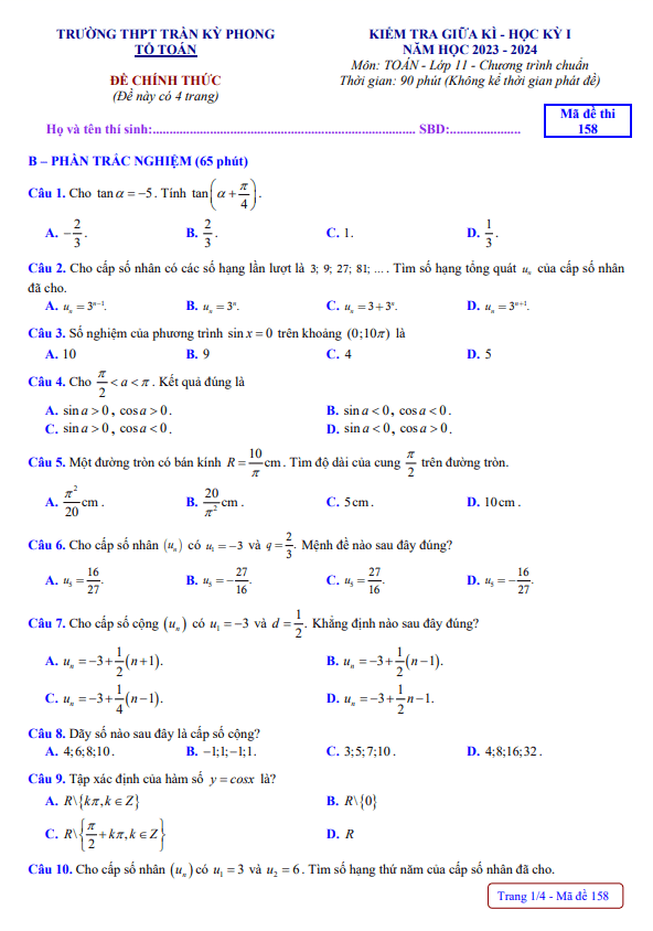 Đề giữa kì 1 Toán 11 năm 2023 2024 trường THPT Trần Kỳ Phong Quảng Ngãi