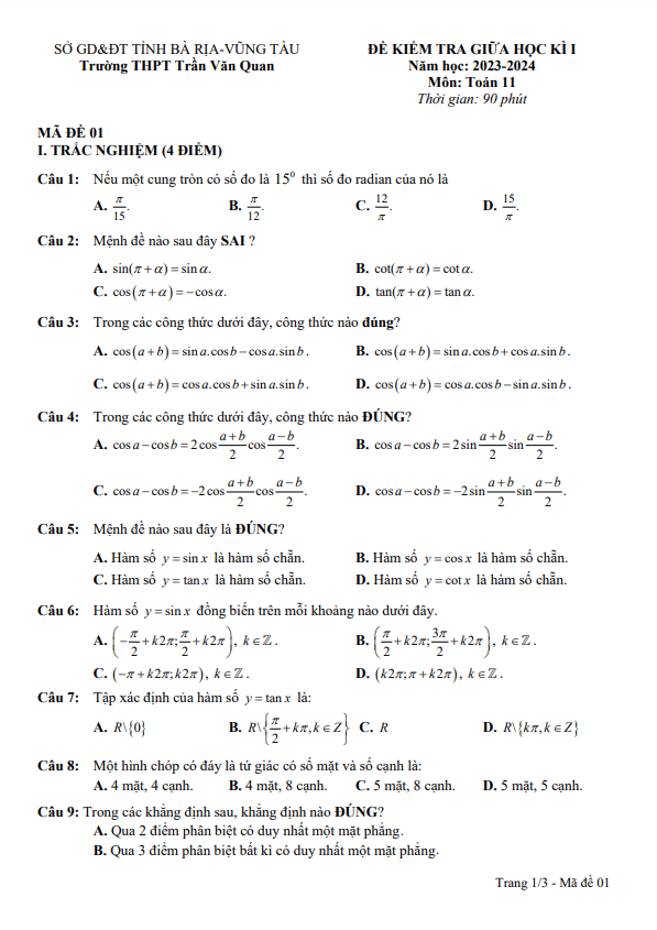 Đề giữa kì 1 Toán 11 năm 2023 2024 trường THPT Trần Văn Quan BR VT