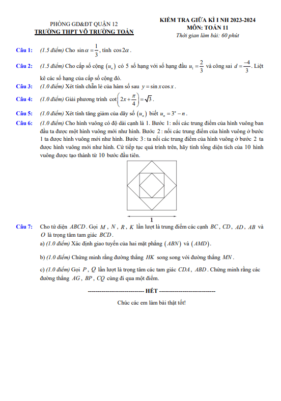 Đề giữa kì 1 Toán 11 năm 2023 2024 trường THPT Võ Trường Toản TP HCM