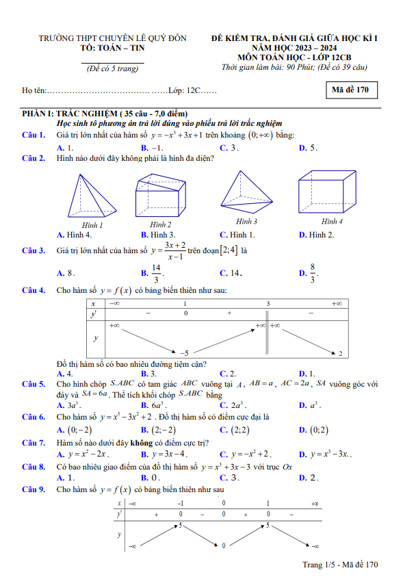 Đề giữa kì 1 Toán 12 CB năm 2023 2024 trường chuyên Lê Quý Đôn Điện Biên