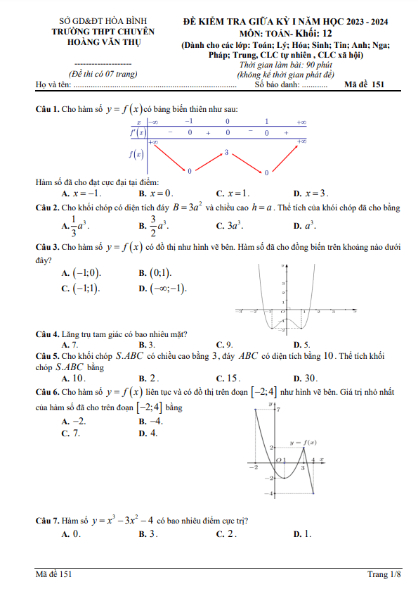 Đề giữa kì 1 Toán 12 năm 2023 2024 trường chuyên Hoàng Văn Thụ Hòa Bình