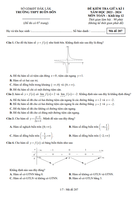 Đề giữa kì 1 Toán 12 năm 2023 2024 trường THPT Buôn Đôn Đắk Lắk