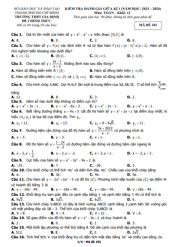 Đề giữa kì 1 Toán 12 năm 2023 2024 trường THPT Gia Định TP HCM