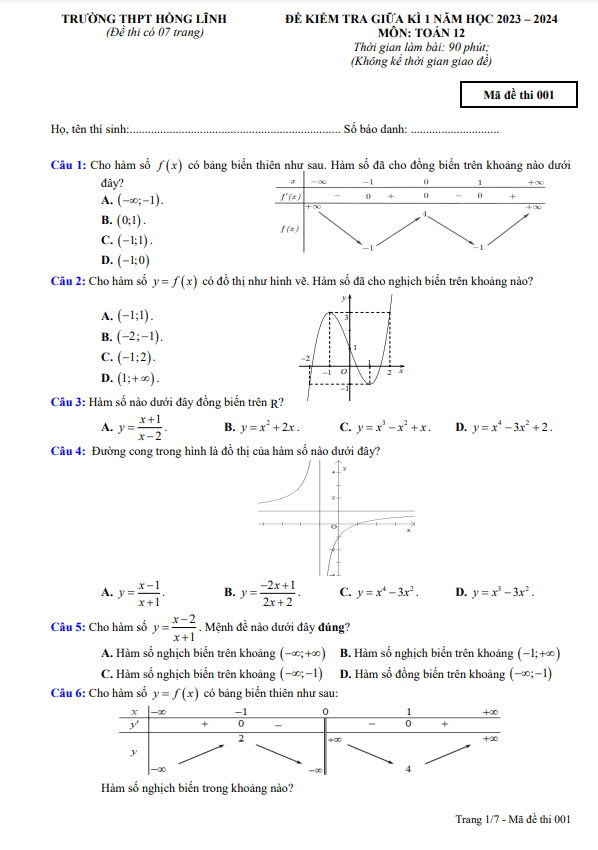 Đề giữa kì 1 Toán 12 năm 2023 2024 trường THPT Hồng Lĩnh Hà Tĩnh