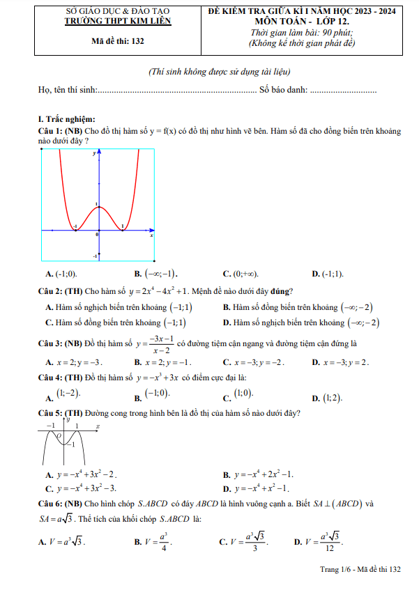 Đề giữa kì 1 Toán 12 năm 2023 2024 trường THPT Kim Liên Nghệ An