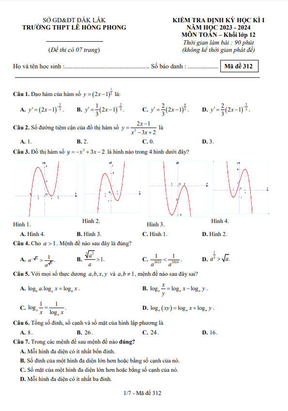 Đề giữa kì 1 Toán 12 năm 2023 2024 trường THPT Lê Hồng Phong Đắk Lắk