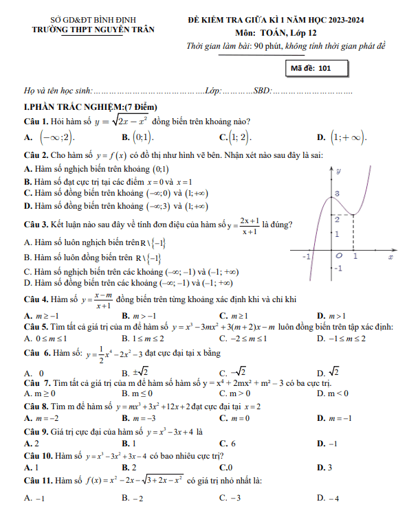 Đề giữa kì 1 Toán 12 năm 2023 2024 trường THPT Nguyễn Trân Bình Định