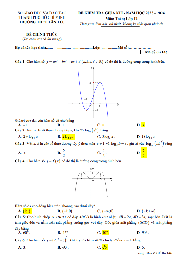 Đề giữa kì 1 Toán 12 năm 2023 2024 trường THPT Tân Túc TP HCM