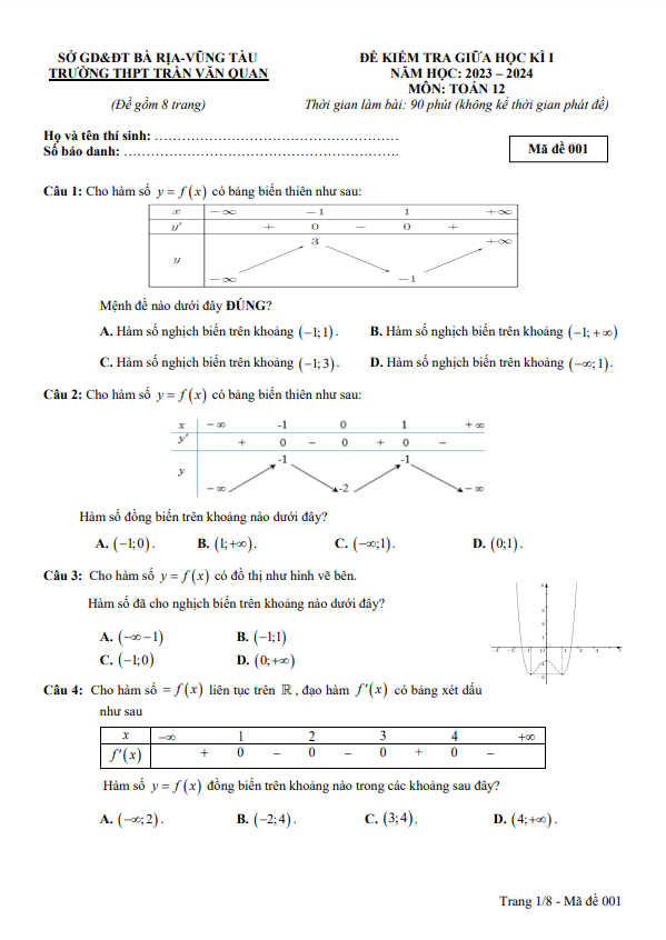 Đề giữa kì 1 Toán 12 năm 2023 2024 trường THPT Trần Văn Quan BR VT
