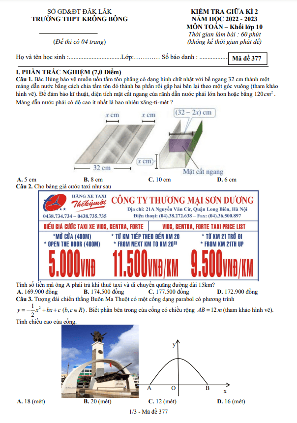 Đề giữa kì 2 Toán 10 năm 2022 2023 trường THPT Krông Bông Đắk Lắk