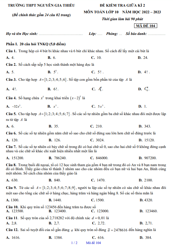 Đề giữa kì 2 Toán 10 năm 2022 2023 trường THPT Nguyễn Gia Thiều Hà Nội