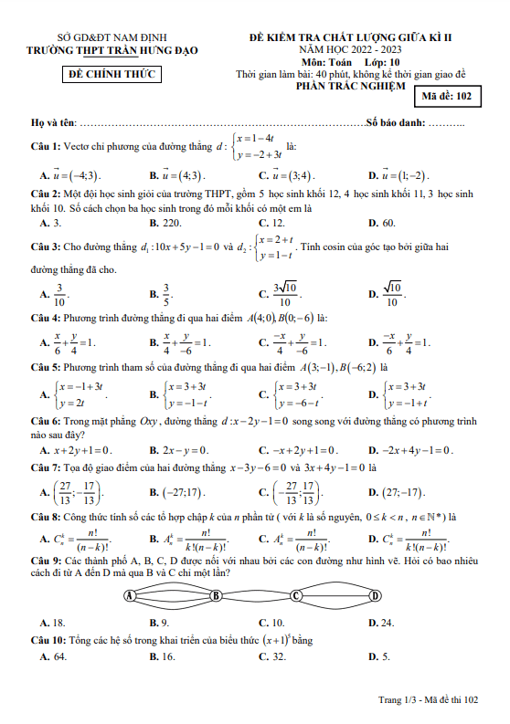 Đề giữa kì 2 Toán 10 năm 2022 2023 trường THPT Trần Hưng Đạo Nam Định