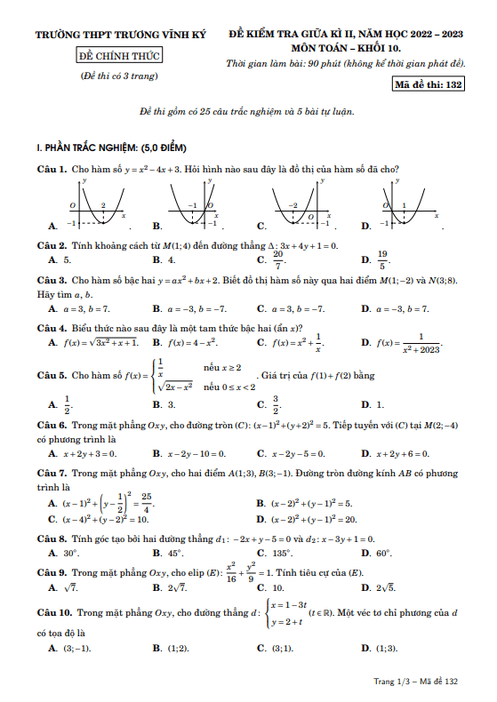 Đề giữa kì 2 Toán 10 năm 2022 2023 trường THPT Trương Vĩnh Ký Bến Tre