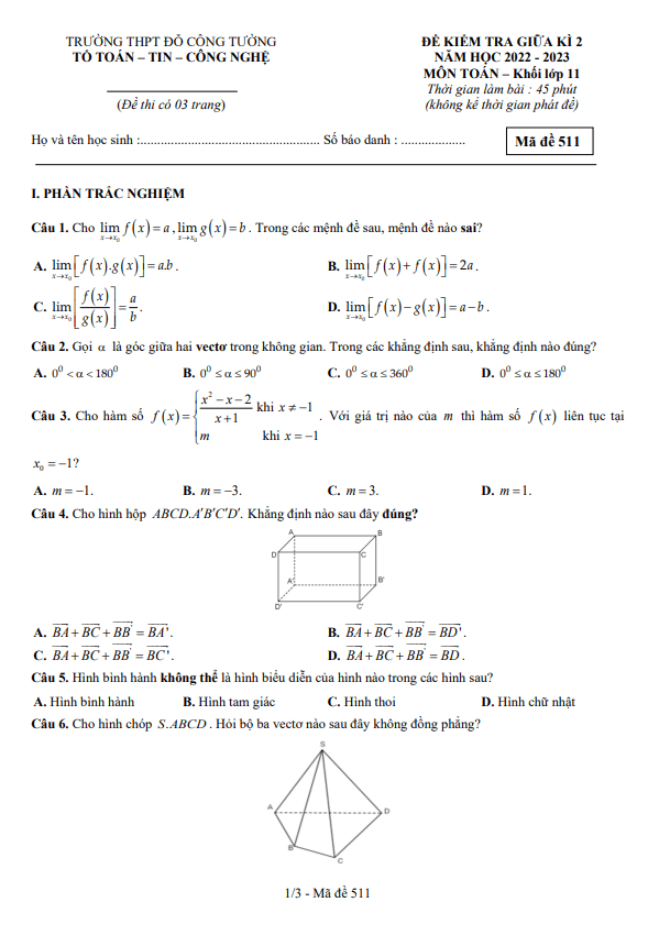 Đề giữa kì 2 Toán 11 năm 2022 2023 trường THPT Đỗ Công Tường Đồng Tháp