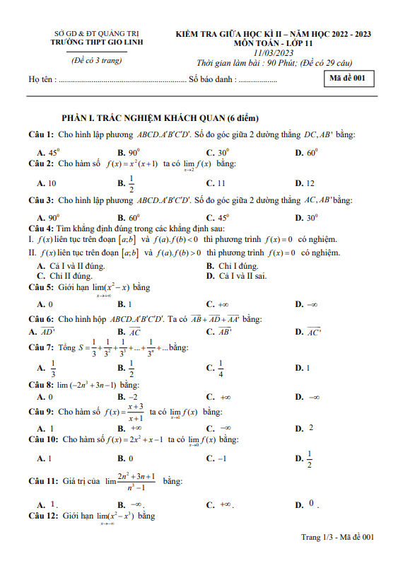 Đề giữa kì 2 Toán 11 năm 2022 2023 trường THPT Gio Linh Quảng Trị