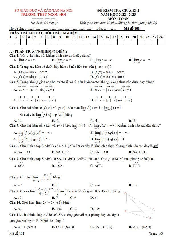 Đề giữa kì 2 Toán 11 năm 2022 2023 trường THPT Ngọc Hồi Hà Nội