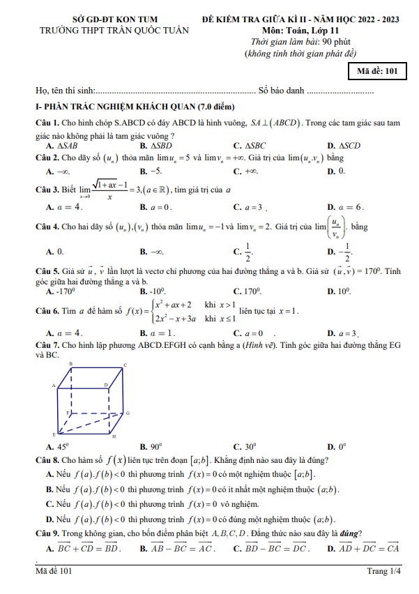 Đề giữa kì 2 Toán 11 năm 2022 2023 trường THPT Trần Quốc Tuấn Kon Tum