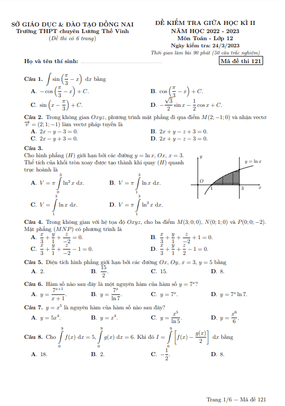 Đề giữa kì 2 Toán 12 năm 2022 2023 trường chuyên Lương Thế Vinh Đồng Nai